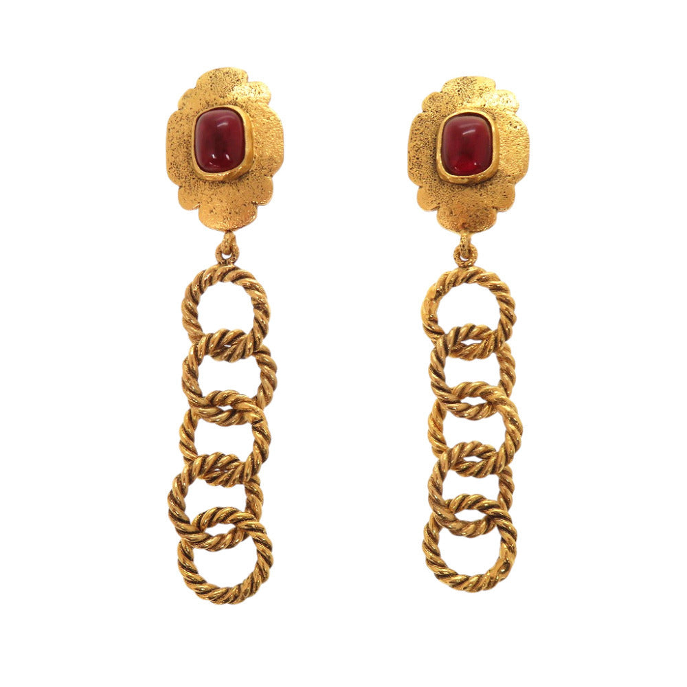 Chanel Vintage Gripoix Drop Earrings, Red Poured Glass with Rope Chain, Gold Tone, 110 mm, view 1