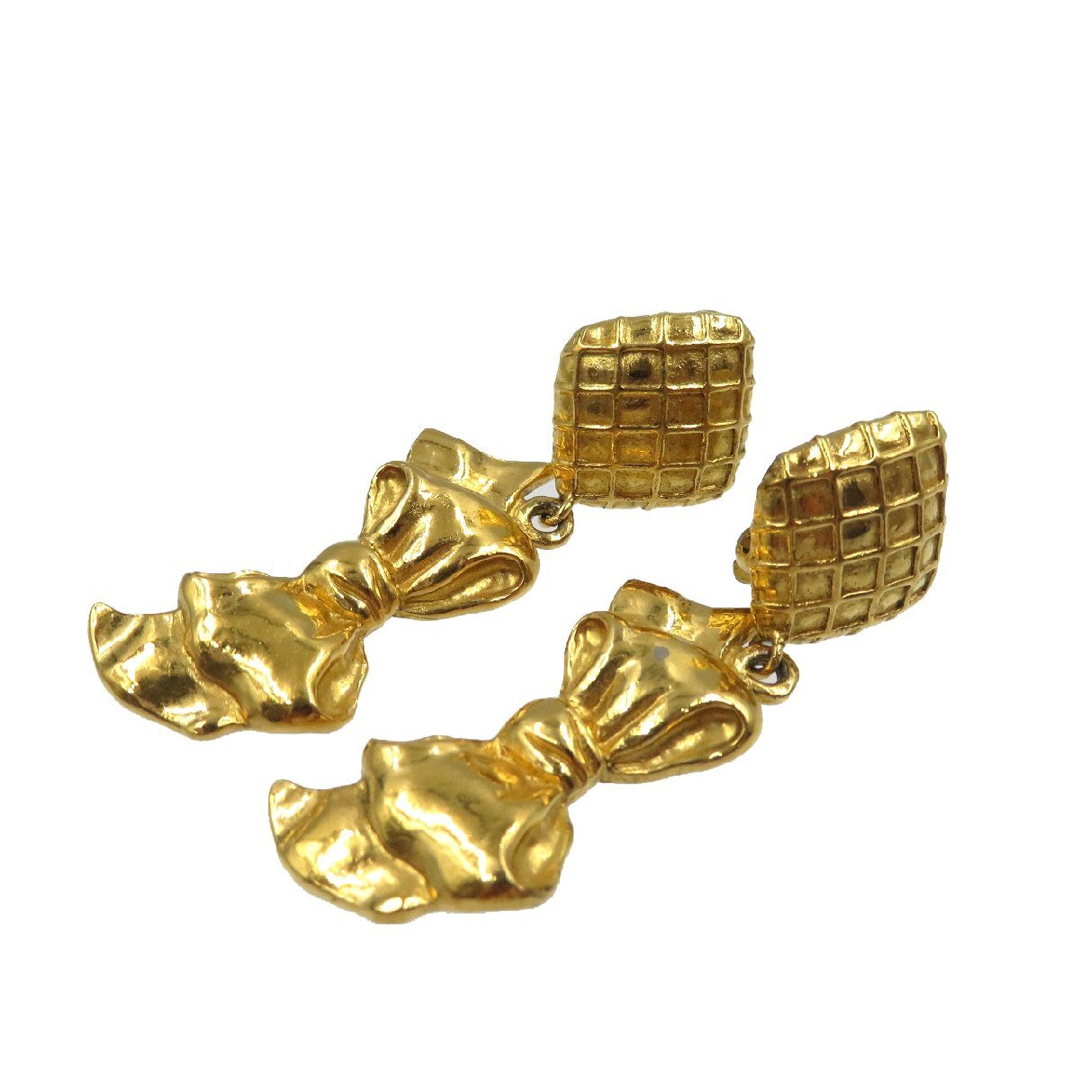 Chanel Vintage Ribbon Drop Clip-On Earrings, Quilted Square and Bow, Gold Tone, view 1