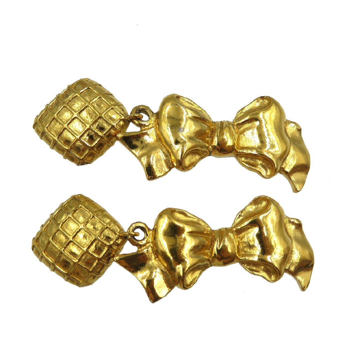 Chanel Vintage Ribbon Drop Clip-On Earrings, Quilted Square and Bow, Gold Tone, view 3