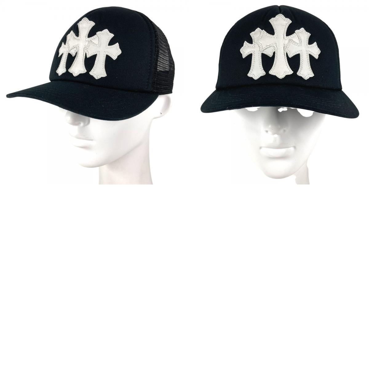 Chrome Hearts Trucker Cap with Leather Cemetery Crosses, Silver Cross Button, Deep Navy Mesh, Near Unworn, view 1