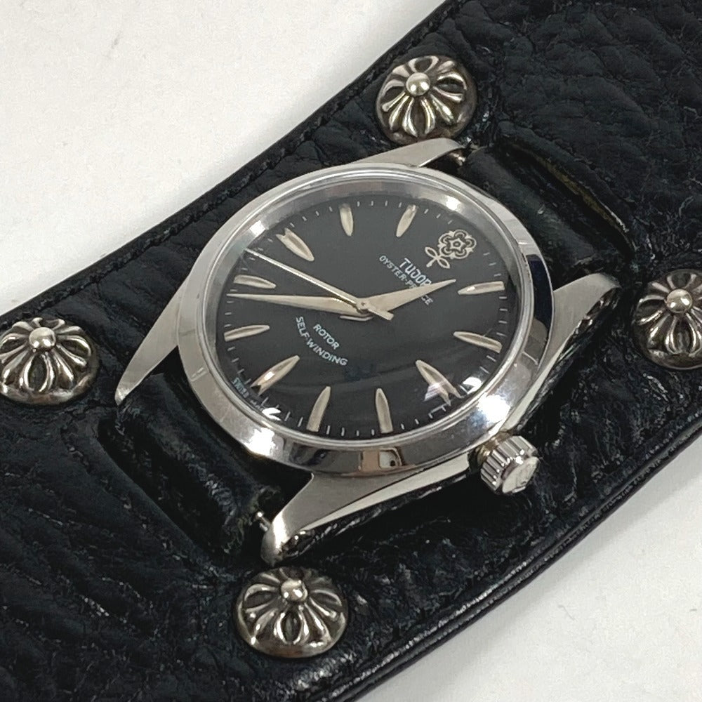 Chrome Hearts x Tudor Oyster Prince Ref. 7964 Self-Winding Watch on Sterling Cross Ball Leather Cuff, Black Dial, view 1