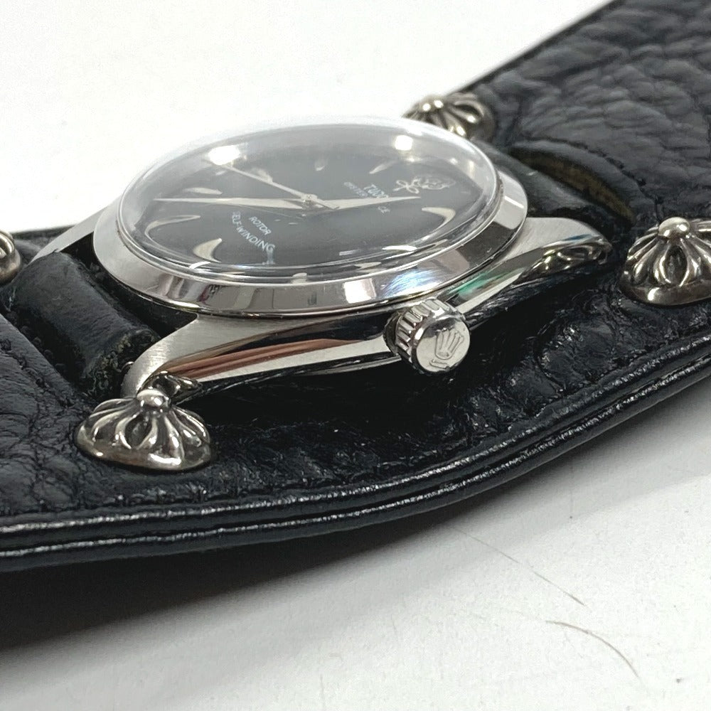 Chrome Hearts x Tudor Oyster Prince Ref. 7964 Self-Winding Watch on Sterling Cross Ball Leather Cuff, Black Dial, view 4