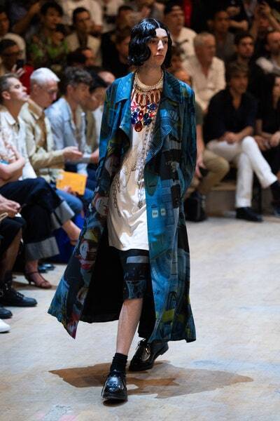 Comme des Garçons Homme Plus SS2020 Orlando Runway Set: Ruffled Print Coat, Shorts and Jewel-Print T-Shirt, S and M, view 1