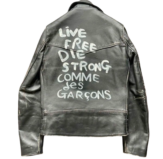 Comme des Garçons × Lewis Leathers Lightning rider jacket, Aoyama exclusive – back view with hand-painted Live Free Die Strong Comme des Garçons lettering