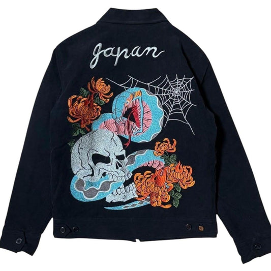 Cropped Heads Corduroy Souvenir Jacket, Skull, Serpent and Chrysanthemum Embroidery, Black, Size M, view 1