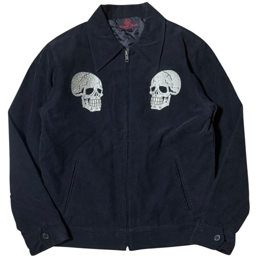 Cropped Heads Corduroy Souvenir Jacket, Skull, Serpent and Chrysanthemum Embroidery, Black, Size M, view 3