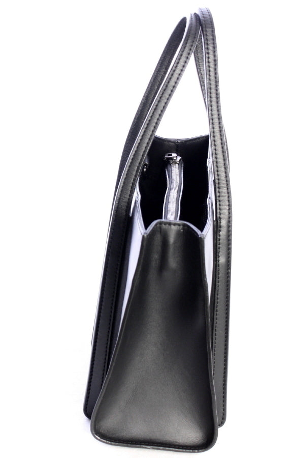 discord Yohji Yamamoto GETA Handle Bag, Small Black Leather Tote with Shoulder Strap, Embossed Signature, view 3