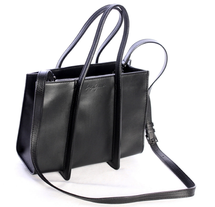 discord Yohji Yamamoto GETA Handle Bag, Small Black Leather Tote with Shoulder Strap, Embossed Signature, view 4