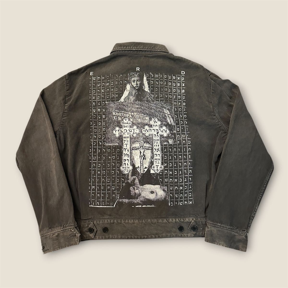 Enfants Riches Déprimés Hebrew Mechanics Jacket, Washed Black Cotton, Crucifix Back Print, Size M, New with Tags, view 1