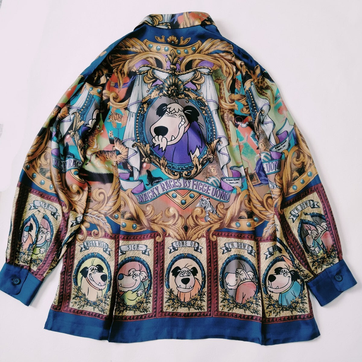 Ficce Uomo Vintage Silk Shirt with Wacky Races Muttley Baroque Circus Print, Multicolour, Made in Japan, view 7