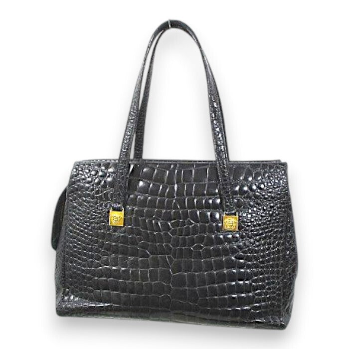 Gianni Versace 1990s Crocodile-Pattern Glazed Leather Tote with Medusa Hardware, Black, view 1