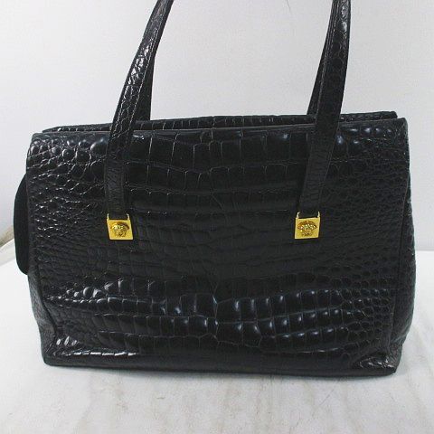 Gianni Versace 1990s Crocodile-Pattern Glazed Leather Tote with Medusa Hardware, Black, view 2