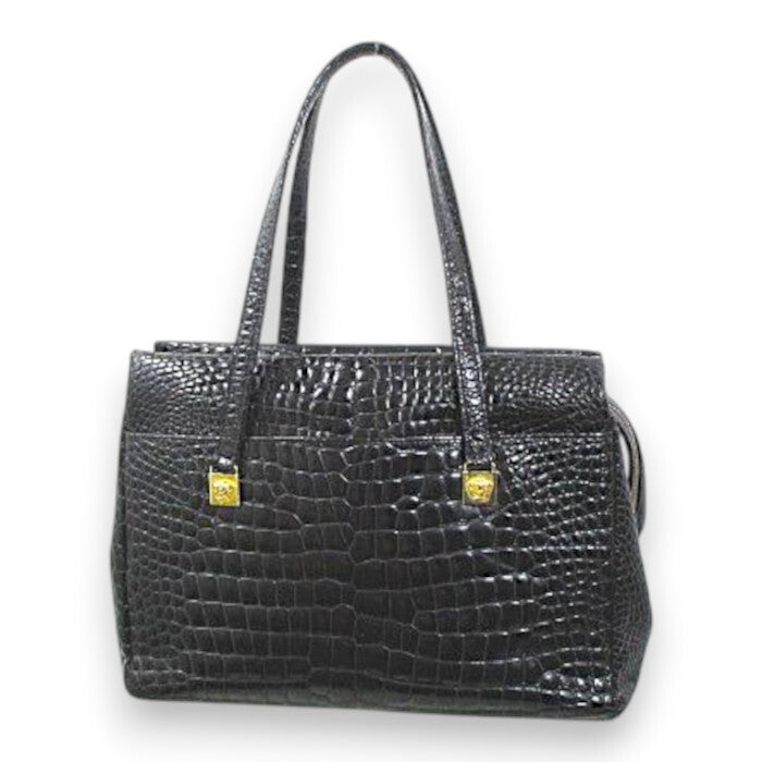 Gianni Versace 1990s Crocodile-Pattern Glazed Leather Tote with Medusa Hardware, Black, view 3