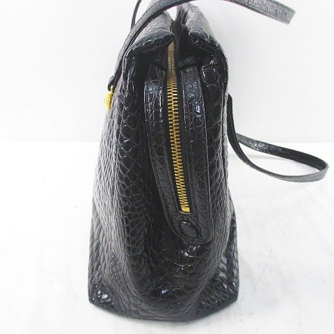 Gianni Versace 1990s Crocodile-Pattern Glazed Leather Tote with Medusa Hardware, Black, view 4