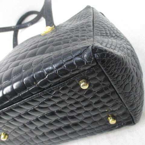 Gianni Versace 1990s Crocodile-Pattern Glazed Leather Tote with Medusa Hardware, Black, view 6