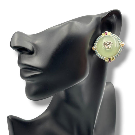 Gianni Versace 1990s Medusa Clip-On Earrings with Jade Glass Domes, Crystals and Faux Pearls, Silver Tone, view 1