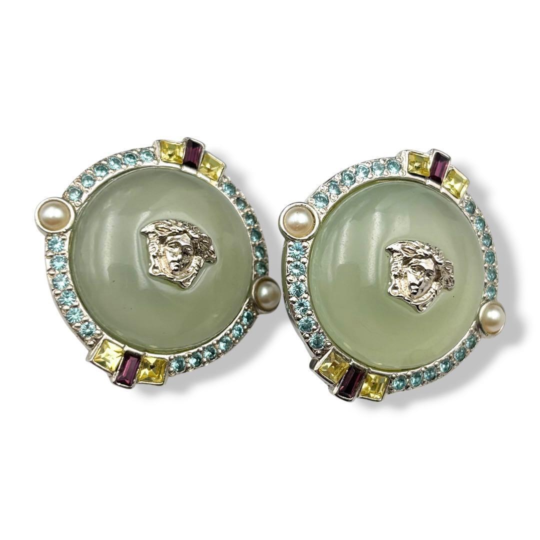 Gianni Versace 1990s Medusa Clip-On Earrings with Jade Glass Domes, Crystals and Faux Pearls, Silver Tone, view 3