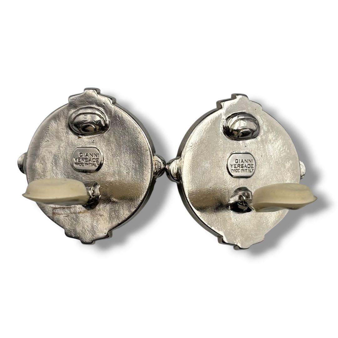 Gianni Versace 1990s Medusa Clip-On Earrings with Jade Glass Domes, Crystals and Faux Pearls, Silver Tone, view 5