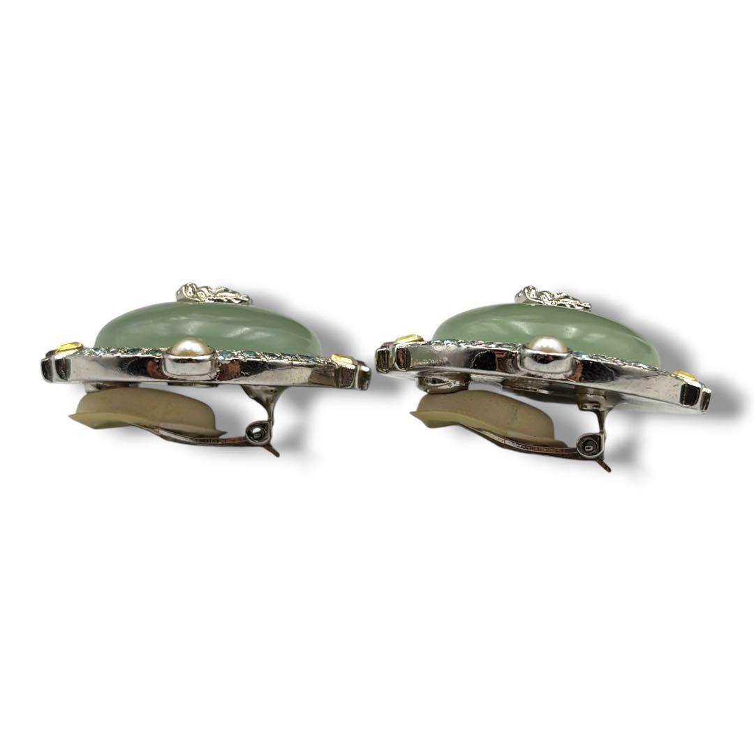 Gianni Versace 1990s Medusa Clip-On Earrings with Jade Glass Domes, Crystals and Faux Pearls, Silver Tone, view 6