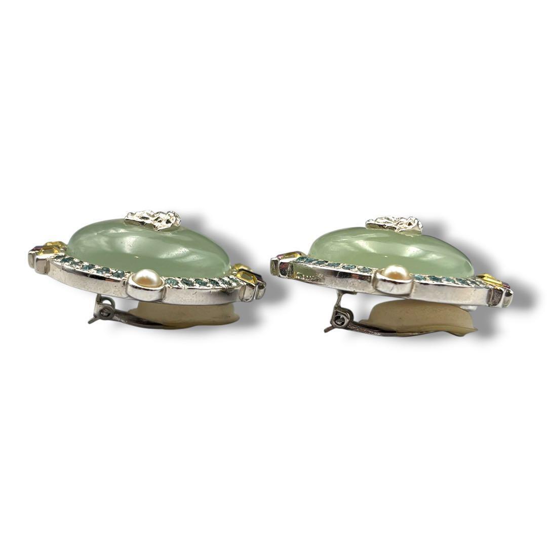Gianni Versace 1990s Medusa Clip-On Earrings with Jade Glass Domes, Crystals and Faux Pearls, Silver Tone, view 7