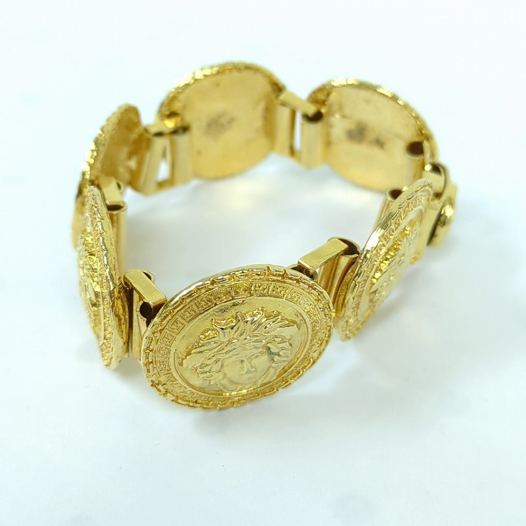 Gianni Versace 1990s Six-Medallion Medusa Coin Bracelet with Greek Key Borders, Gold Tone, Made in Italy, view 2