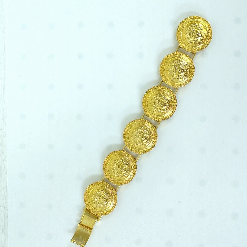 Gianni Versace 1990s Six-Medallion Medusa Coin Bracelet with Greek Key Borders, Gold Tone, Made in Italy, view 4
