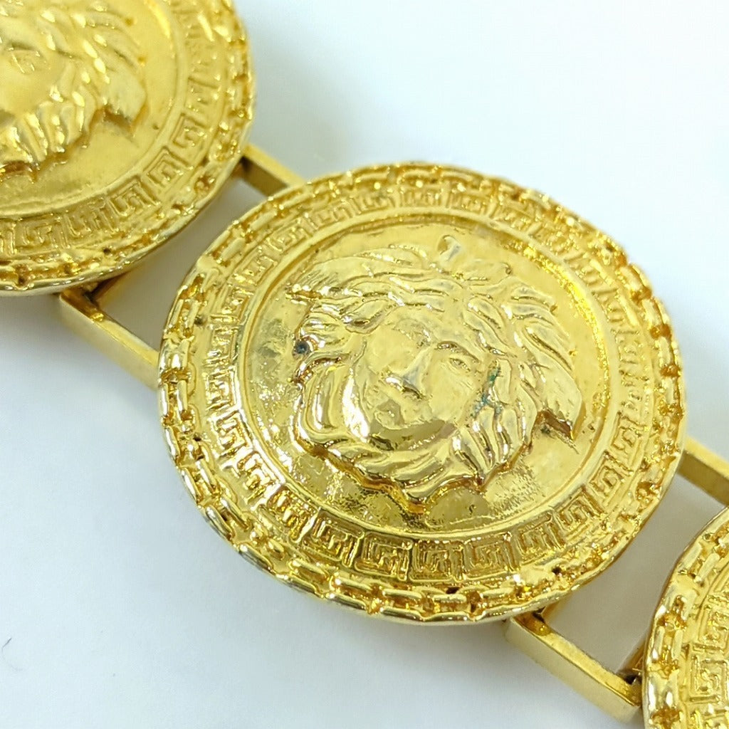 Gianni Versace 1990s Six-Medallion Medusa Coin Bracelet with Greek Key Borders, Gold Tone, Made in Italy, view 5