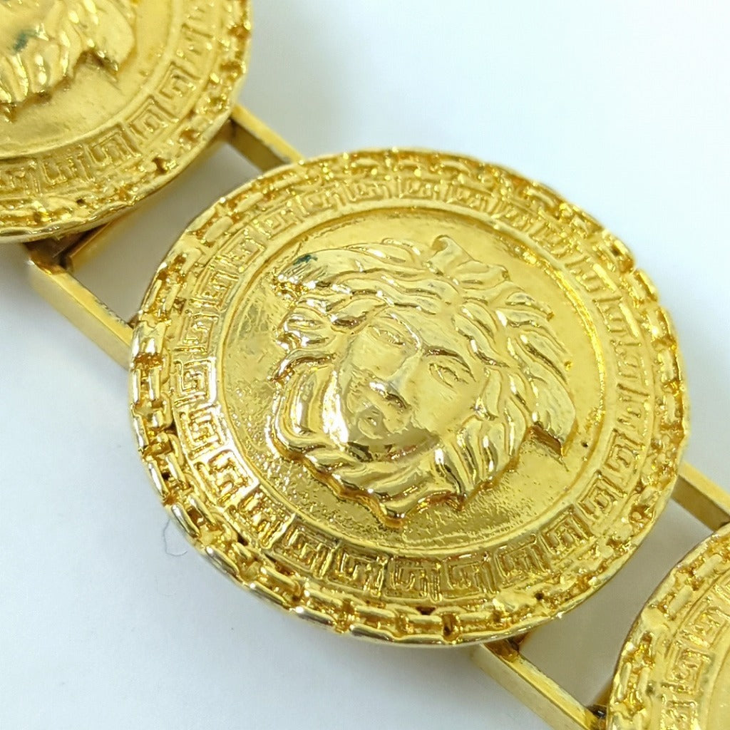 Gianni Versace 1990s Six-Medallion Medusa Coin Bracelet with Greek Key Borders, Gold Tone, Made in Italy, view 6