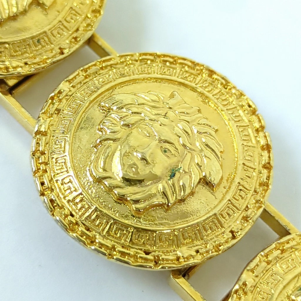 Gianni Versace 1990s Six-Medallion Medusa Coin Bracelet with Greek Key Borders, Gold Tone, Made in Italy, view 7