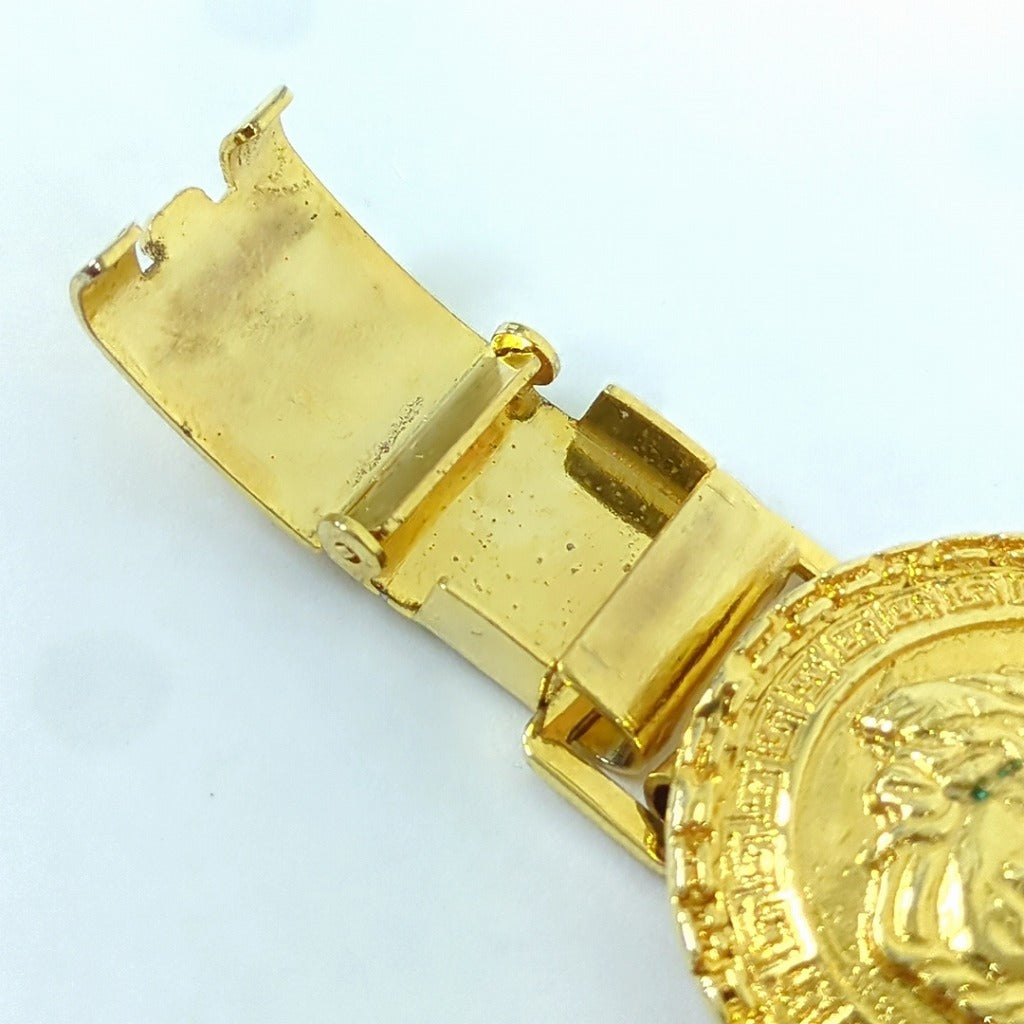 Gianni Versace 1990s Six-Medallion Medusa Coin Bracelet with Greek Key Borders, Gold Tone, Made in Italy, view 8