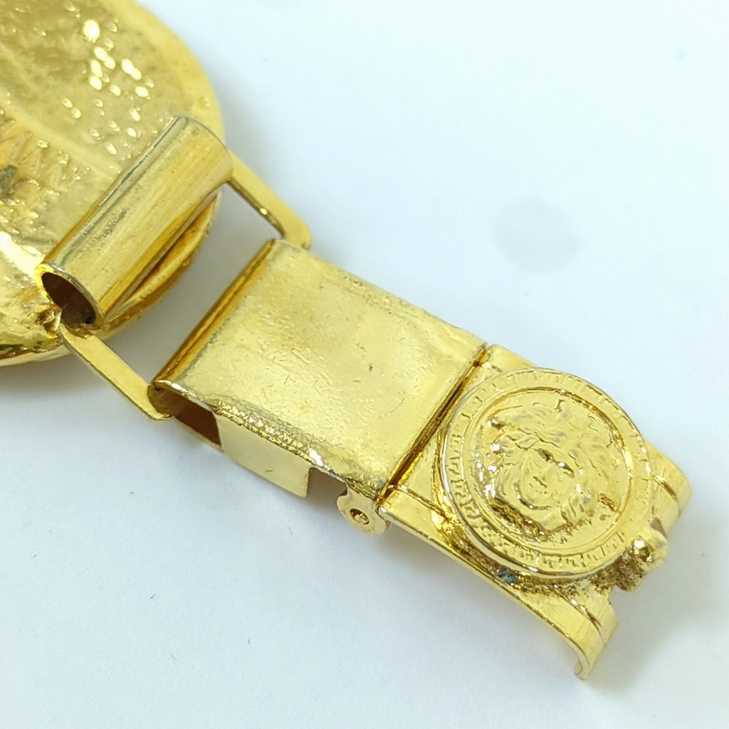 Gianni Versace 1990s Six-Medallion Medusa Coin Bracelet with Greek Key Borders, Gold Tone, Made in Italy, view 9