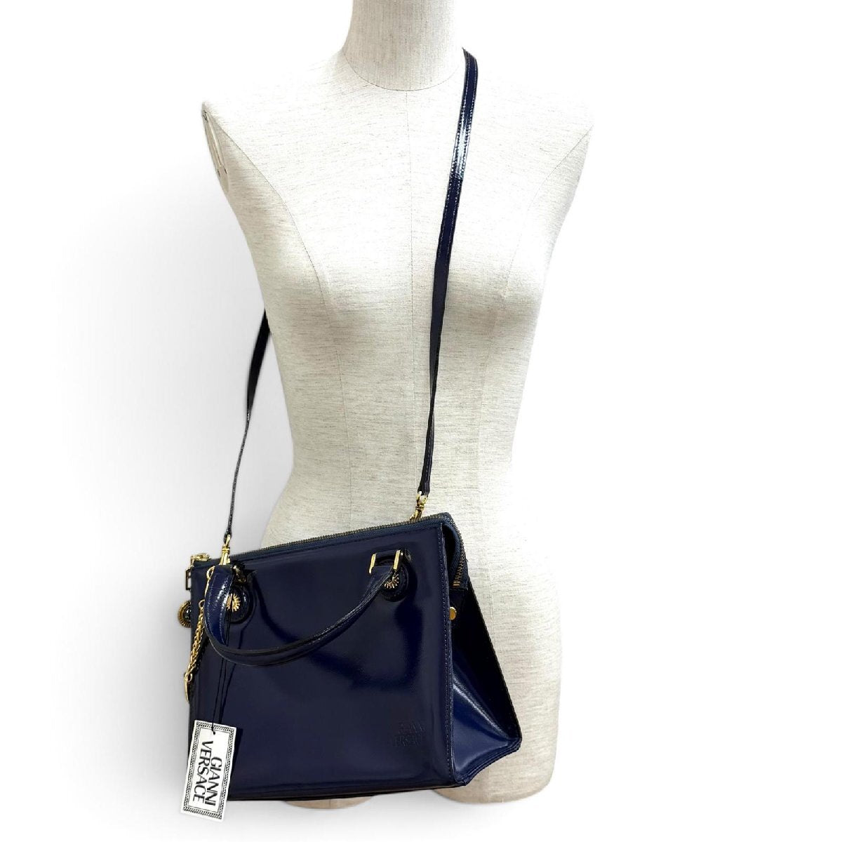 Gianni Versace 1990s Sunburst Two-Way Leather Handbag with Medallion Chain Charm, Navy, Unused with Tags, view 1