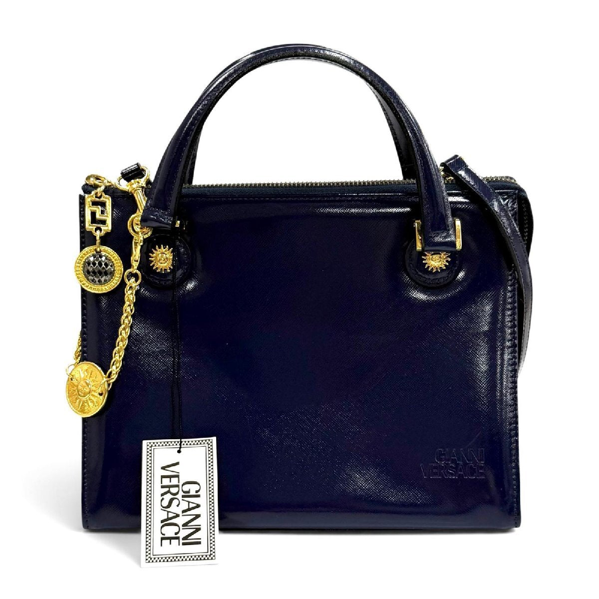 Gianni Versace 1990s Sunburst Two-Way Leather Handbag with Medallion Chain Charm, Navy, Unused with Tags, view 2