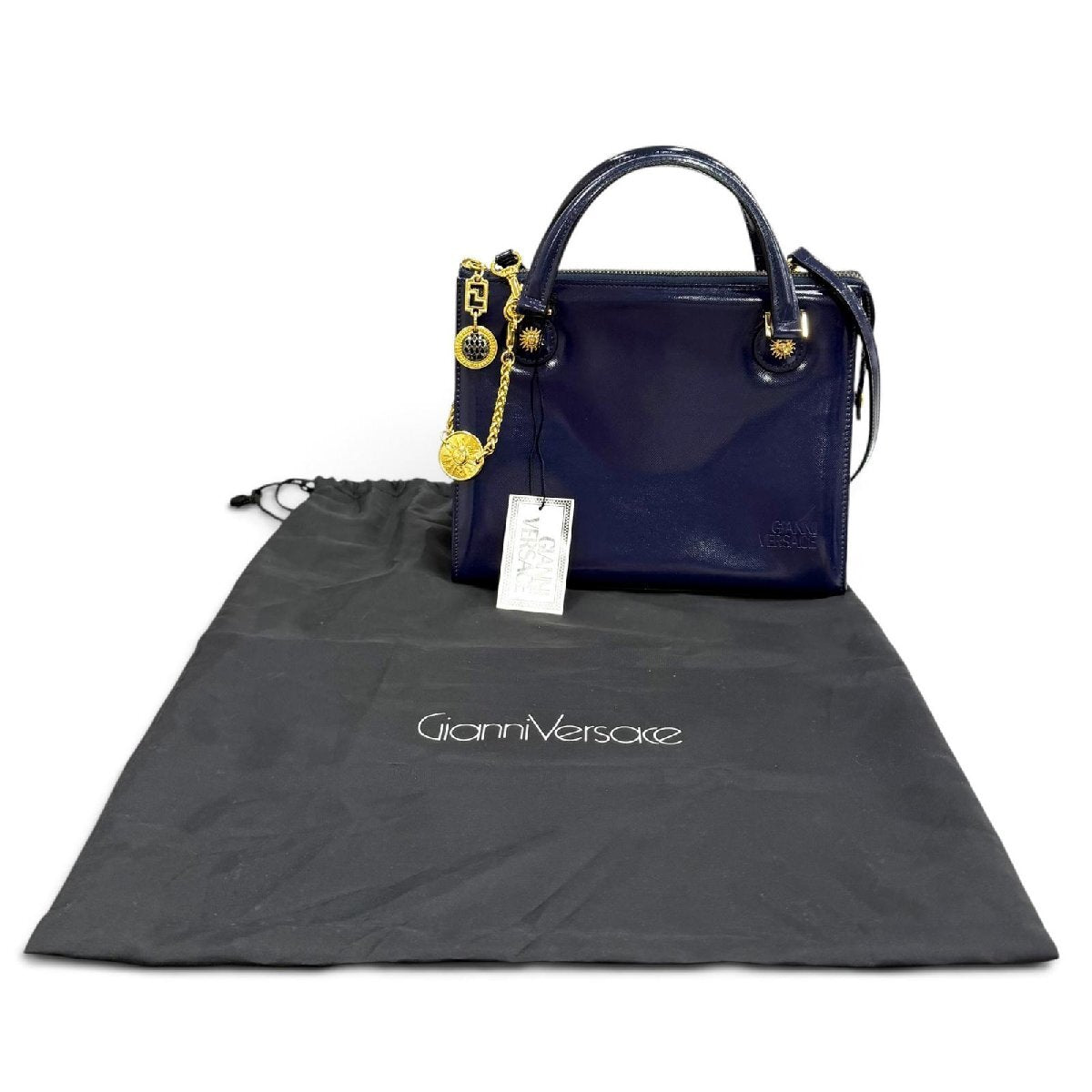 Gianni Versace 1990s Sunburst Two-Way Leather Handbag with Medallion Chain Charm, Navy, Unused with Tags, view 4