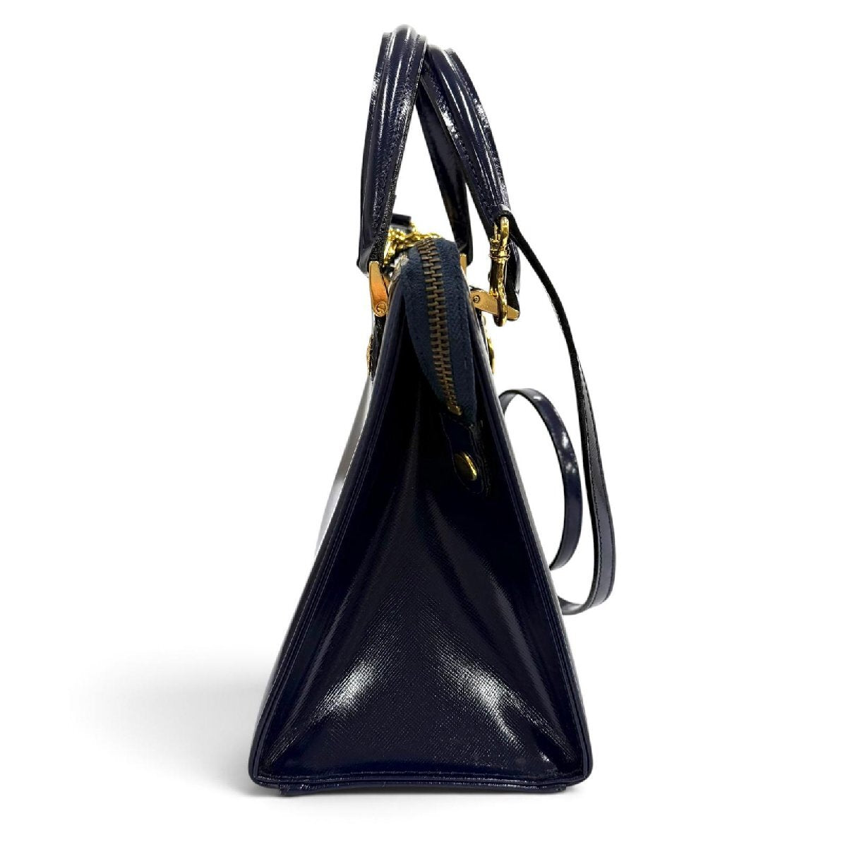Gianni Versace 1990s Sunburst Two-Way Leather Handbag with Medallion Chain Charm, Navy, Unused with Tags, view 5