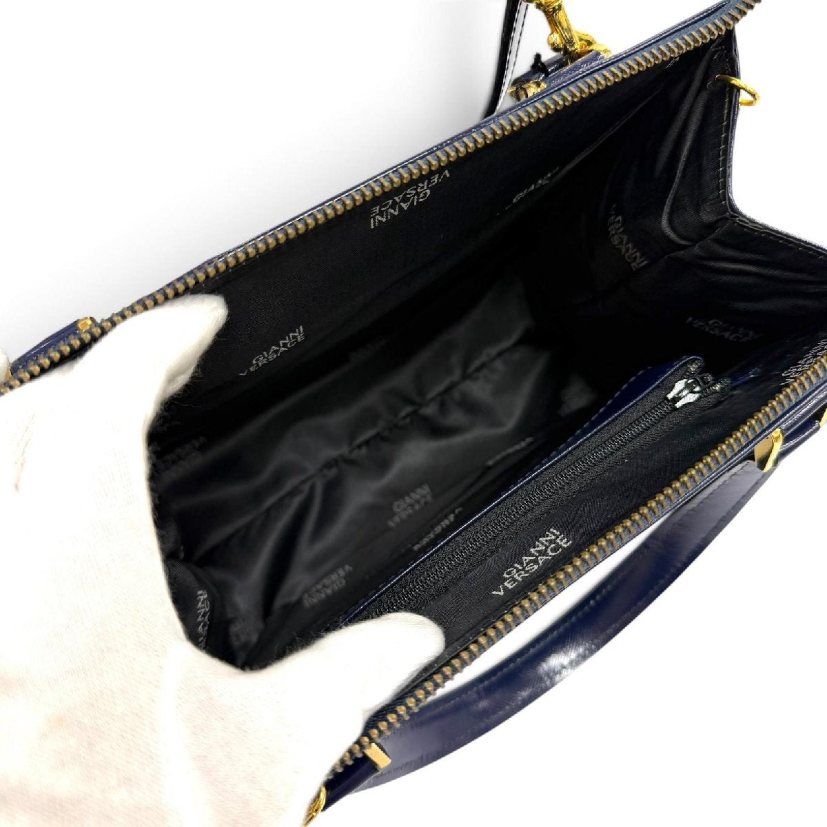Gianni Versace 1990s Sunburst Two-Way Leather Handbag with Medallion Chain Charm, Navy, Unused with Tags, view 7