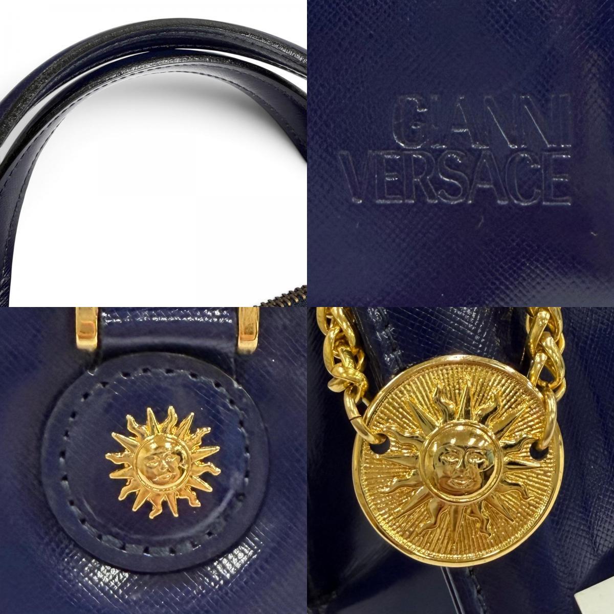 Gianni Versace 1990s Sunburst Two-Way Leather Handbag with Medallion Chain Charm, Navy, Unused with Tags, view 9