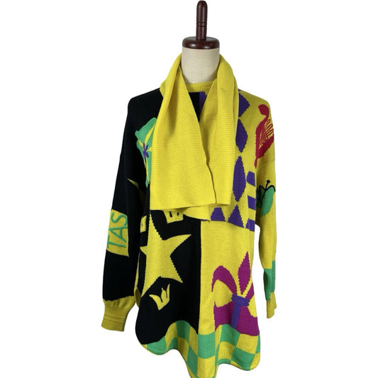 Gianni Versace Late 1980s Intarsia Wool Jumper Dress with Scarf Collar, Harlequin Black Yellow Purple, IT 40, view 1