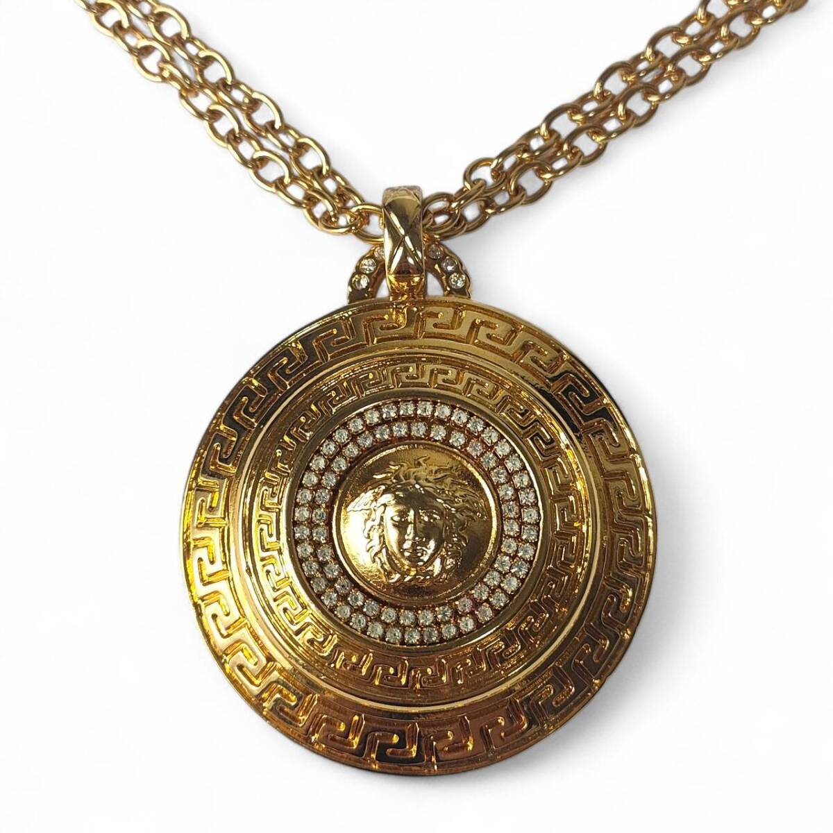 Gianni Versace Vintage Medusa Greca Pendant Necklace with Rhinestones, Double Chain, Gold Tone, Made in Italy, view 1