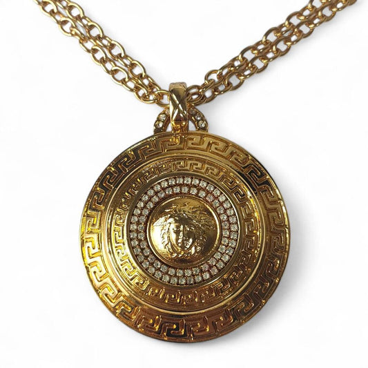Gianni Versace Vintage Medusa Greca Pendant Necklace with Rhinestones, Double Chain, Gold Tone, Made in Italy, view 1