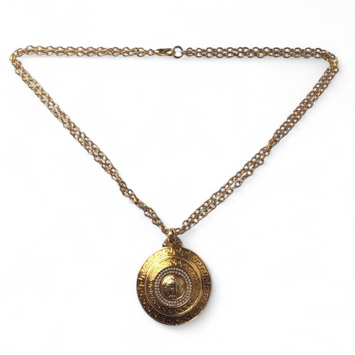 Gianni Versace Vintage Medusa Greca Pendant Necklace with Rhinestones, Double Chain, Gold Tone, Made in Italy, view 4