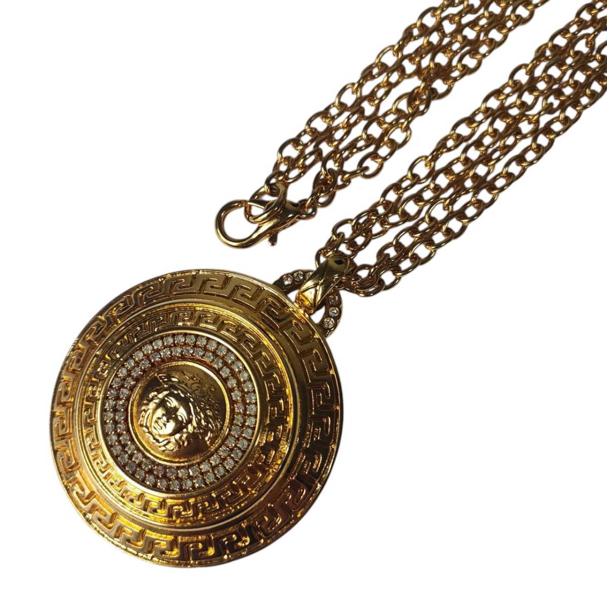 Gianni Versace Vintage Medusa Greca Pendant Necklace with Rhinestones, Double Chain, Gold Tone, Made in Italy, view 5