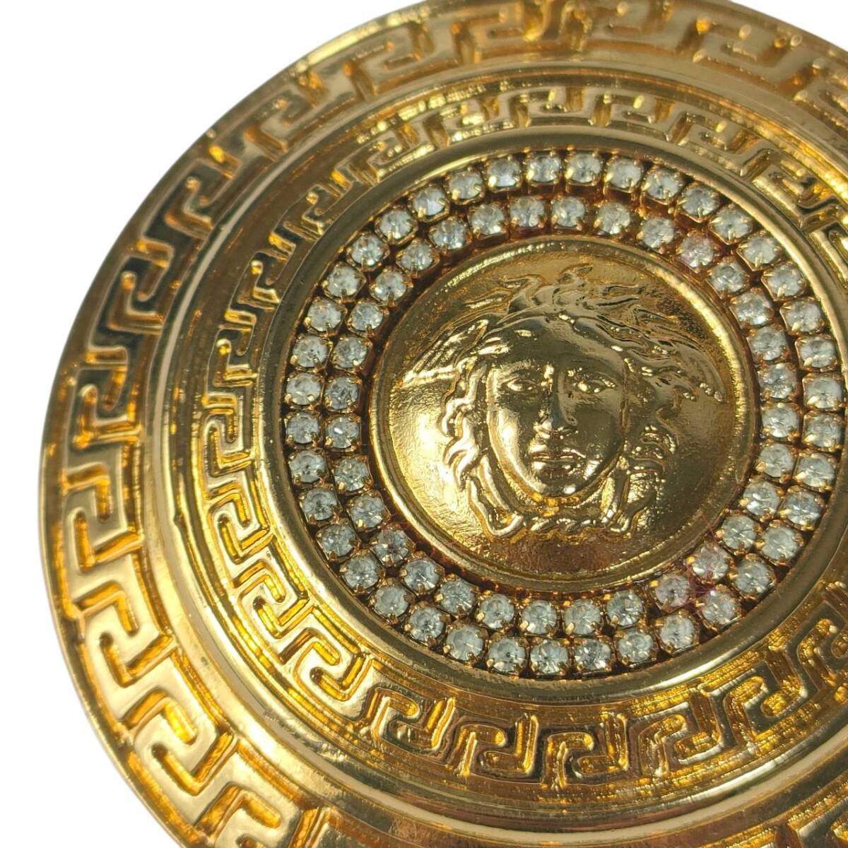 Gianni Versace Vintage Medusa Greca Pendant Necklace with Rhinestones, Double Chain, Gold Tone, Made in Italy, view 6