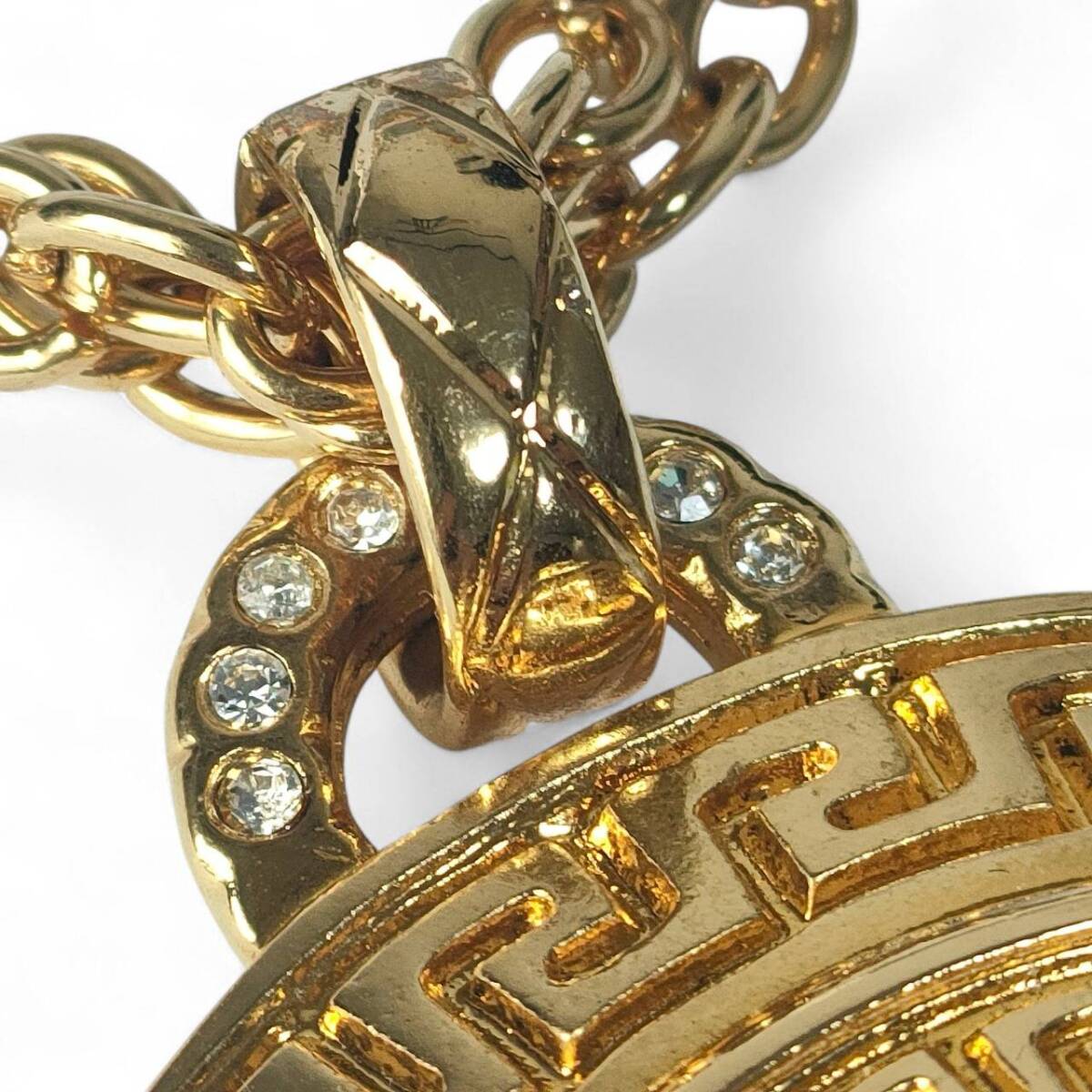 Gianni Versace Vintage Medusa Greca Pendant Necklace with Rhinestones, Double Chain, Gold Tone, Made in Italy, view 7