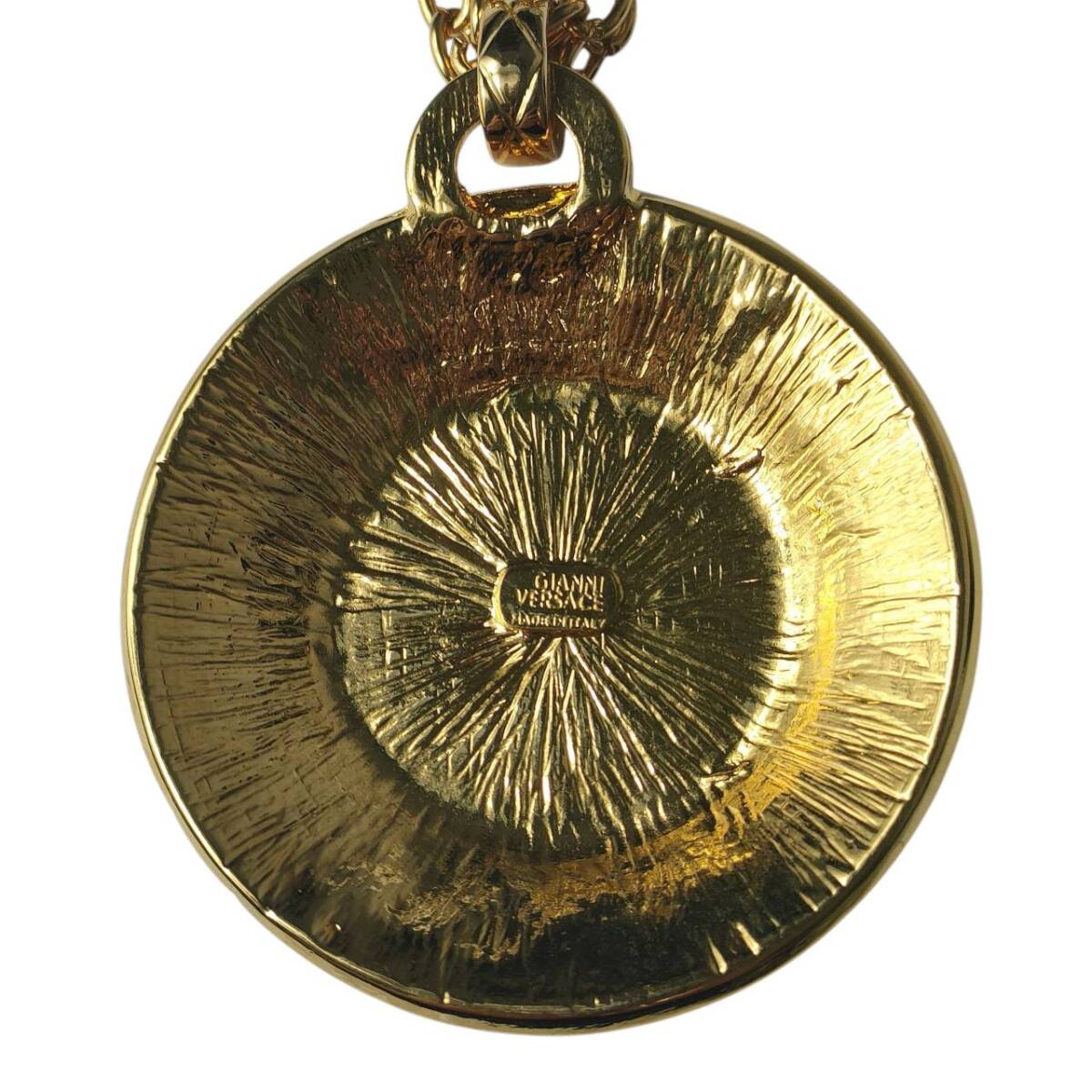 Gianni Versace Vintage Medusa Greca Pendant Necklace with Rhinestones, Double Chain, Gold Tone, Made in Italy, view 8