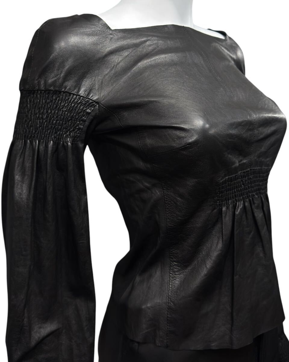 Gucci by Tom Ford AW1999 Smocked Leather Top, Square Neck, Black, Size 38, view 6