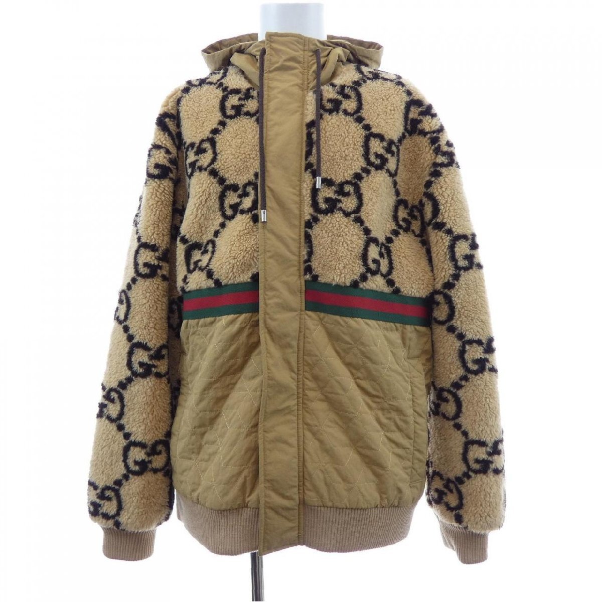 Gucci GG Jacquard Teddy Fleece Hooded Jacket 706419 XJETL with Web Stripe, Camel and Navy, Size L, view 1