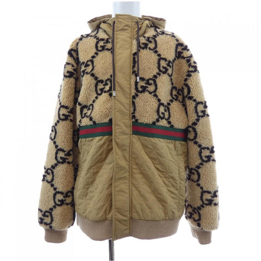 Gucci GG Jacquard Teddy Fleece Hooded Jacket 706419 XJETL with Web Stripe, Camel and Navy, Size L, view 1