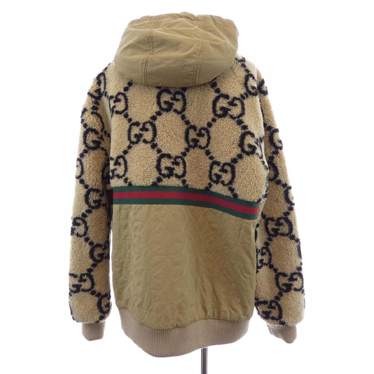 Gucci GG Jacquard Teddy Fleece Hooded Jacket 706419 XJETL with Web Stripe, Camel and Navy, Size L, view 2