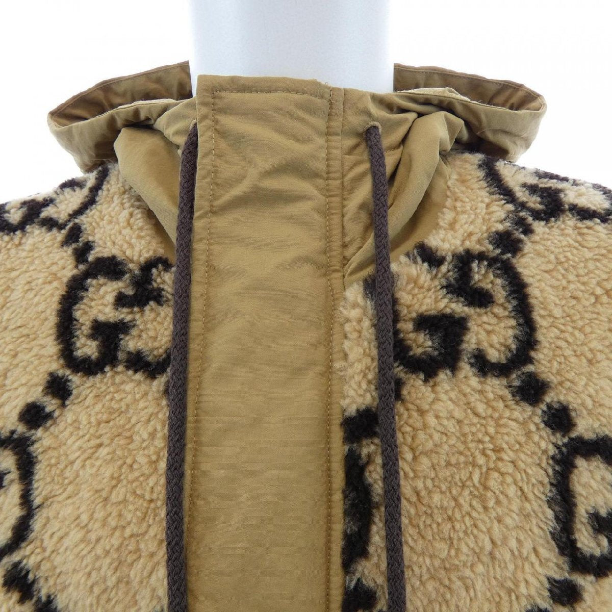 Gucci GG Jacquard Teddy Fleece Hooded Jacket 706419 XJETL with Web Stripe, Camel and Navy, Size L, view 3